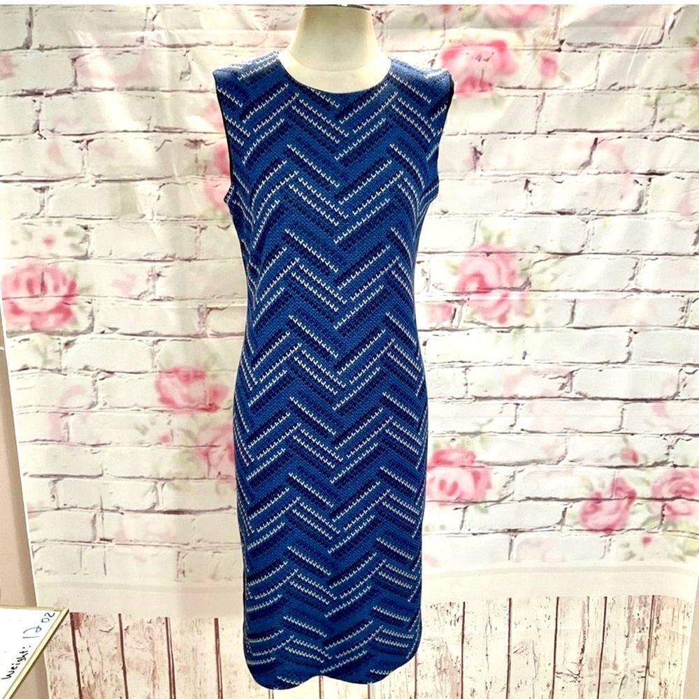 Misook Women's Sleeveless Knitted Geometric Print Slip-on Blue Sheath Dress Sz S
